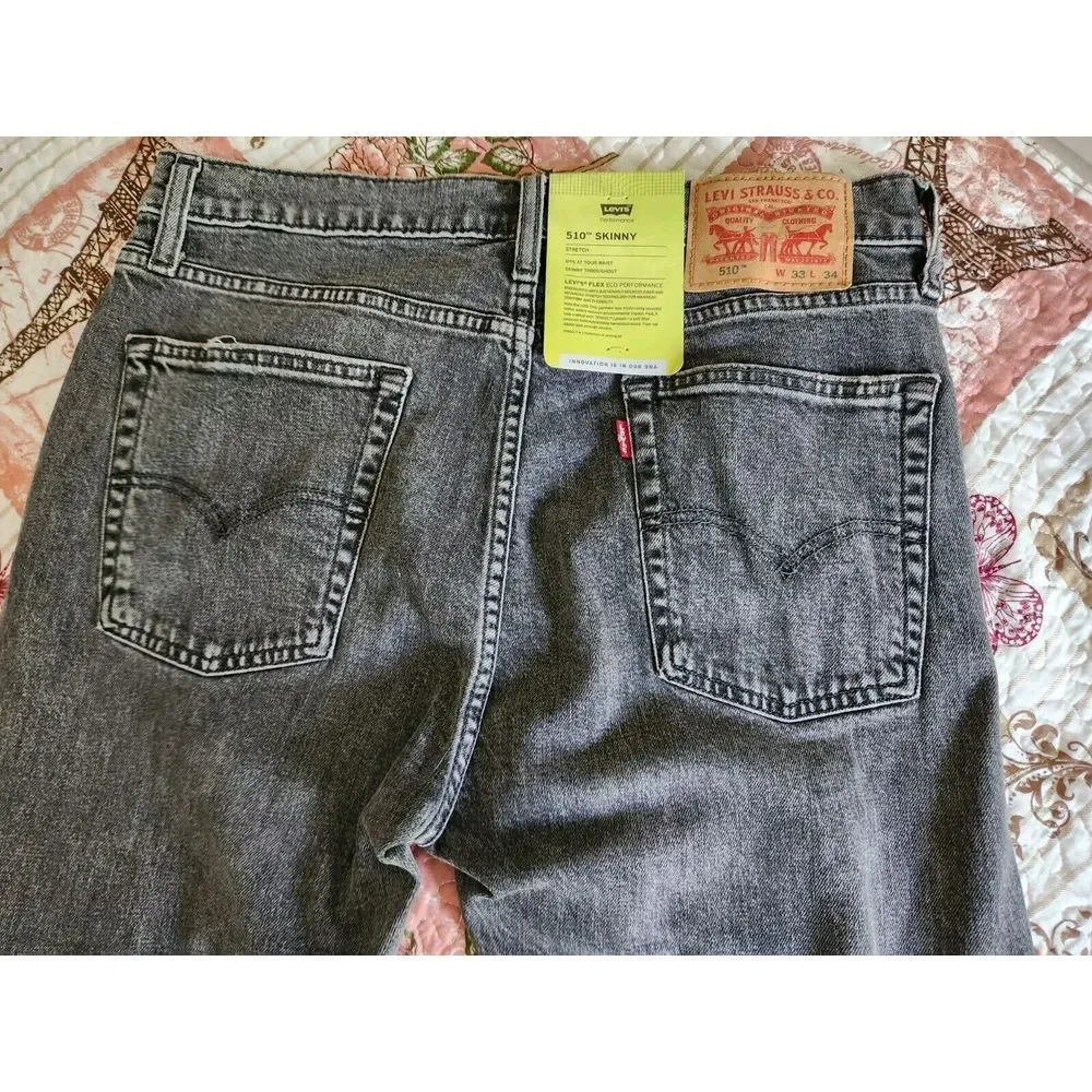 Levi's 510 Skinny Jeans Pants Mens Denim Stretch Black‎ Wash original Size 33×34